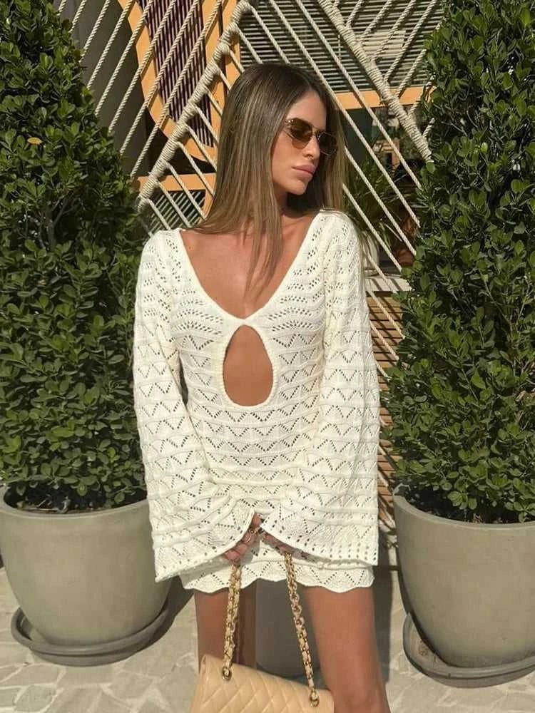 Sexy Boho Striped Chic V-neck Cut Out Bell Sleeve Knit Beach Mini Dress 2026 Summer Women Seaside Holiday Swimsuit Cover Up K123 Éditions Traditions & Modernité Inc. 186642969;20260626;1782518151P2VPs