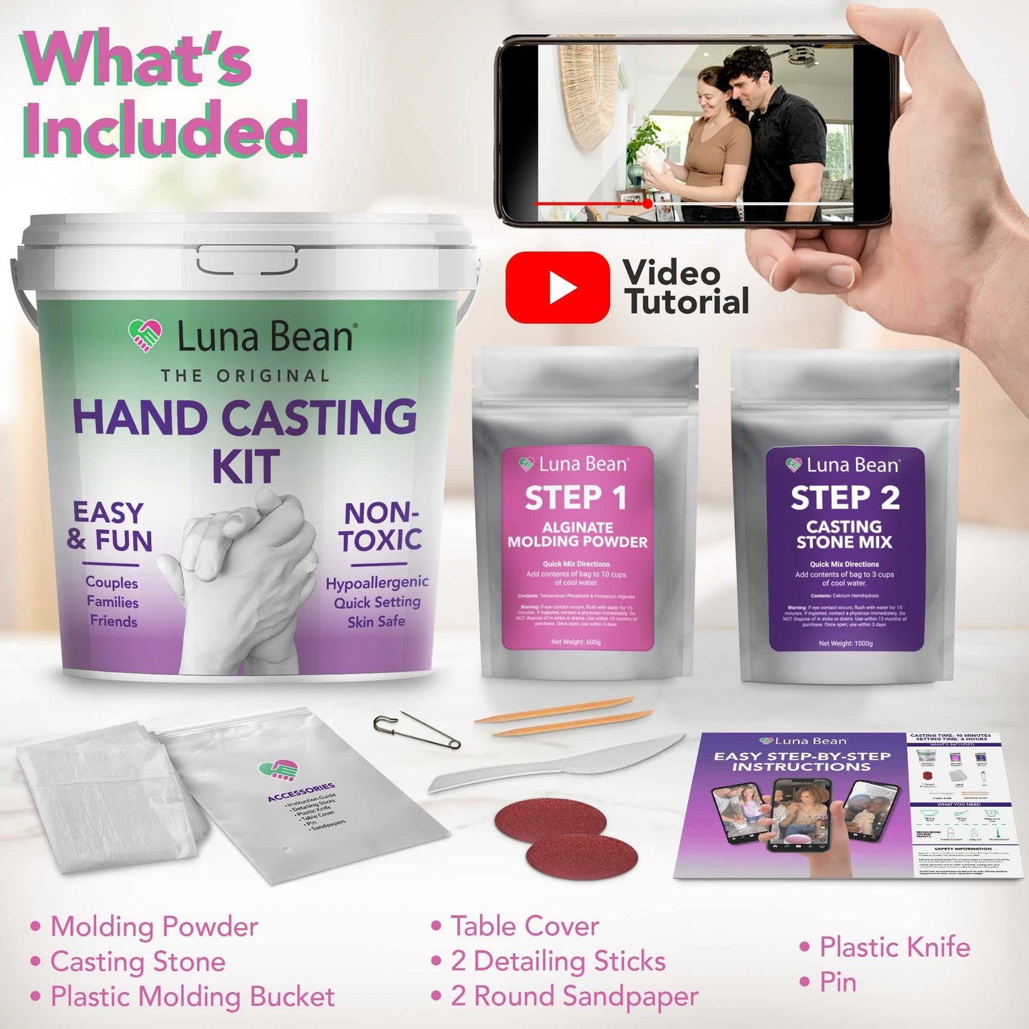 Luna Bean Hand Casting Kit - Valentines Day Gifts for Her Wife Him Men Husband, Engagement Gifts for Couples Anniversary Wedding Bridal Shower, Mom Kids Valentine’s Girlfriend Boyfriend Hand Molding Beading & Jewelry Making Éditions Traditions & Modernité Inc. B01E4LWBLQ