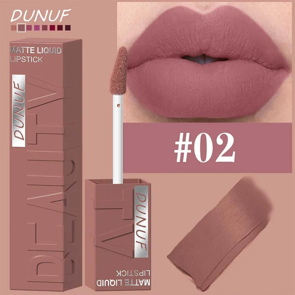 DUNUF 8-color matte velvet smooth easy-to-apply square tube lip gloss waterproof three-dimensional plumping lipstick