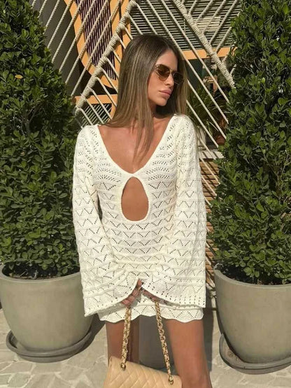 Sexy Boho Striped Chic V-neck Cut Out Bell Sleeve Knit Beach Mini Dress 2026 Summer Women Seaside Holiday Swimsuit Cover Up K123 Éditions Traditions & Modernité Inc. 186642969;20260626;1782518151P2VPs