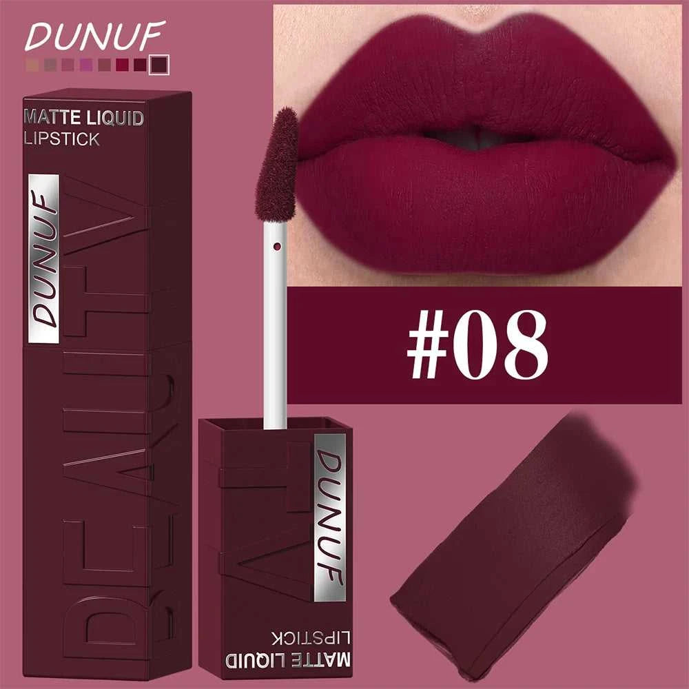 DUNUF 8-color matte velvet smooth easy-to-apply square tube lip gloss waterproof three-dimensional plumping lipstick