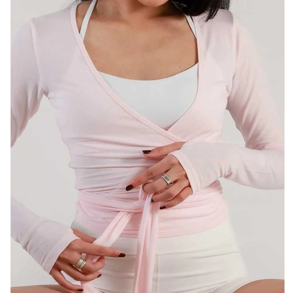 Women Sexy Wrap Crop Tops Tees Long Sleeve Deep V Neck Tie Workout Ballet Pilates Yoga T-Shirts with Thumb Holes Cropped Tops Éditions Traditions & Modernité Inc. 186642954;20260626;1782518136y6cxN
