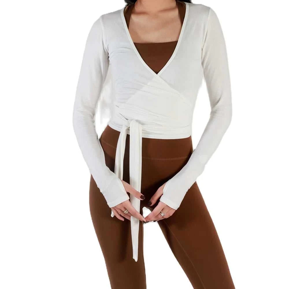 Women Sexy Wrap Crop Tops Tees Long Sleeve Deep V Neck Tie Workout Ballet Pilates Yoga T-Shirts with Thumb Holes Cropped Tops Éditions Traditions & Modernité Inc. 186642954;20260626;1782518136y6cxN