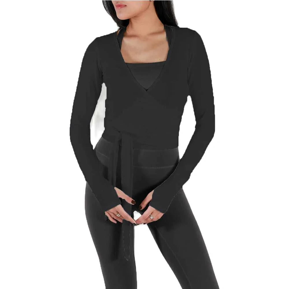 Women Sexy Wrap Crop Tops Tees Long Sleeve Deep V Neck Tie Workout Ballet Pilates Yoga T-Shirts with Thumb Holes Cropped Tops Éditions Traditions & Modernité Inc. 186642954;20260626;1782518136y6cxN