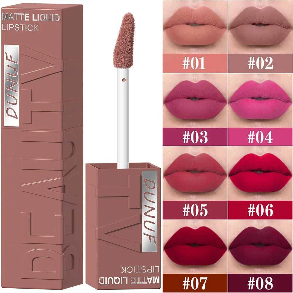 DUNUF 8-color matte velvet smooth easy-to-apply square tube lip gloss waterproof three-dimensional plumping lipstick