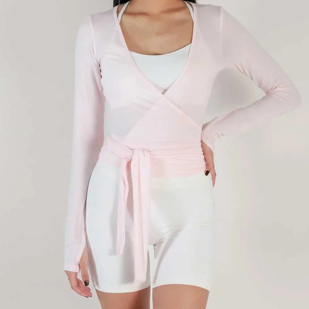 Women Sexy Wrap Crop Tops Tees Long Sleeve Deep V Neck Tie Workout Ballet Pilates Yoga T-Shirts with Thumb Holes Cropped Tops Éditions Traditions & Modernité Inc. 186642954;20260626;1782518136y6cxN
