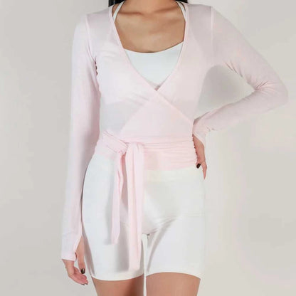 Women Sexy Wrap Crop Tops Tees Long Sleeve Deep V Neck Tie Workout Ballet Pilates Yoga T-Shirts with Thumb Holes Cropped Tops Éditions Traditions & Modernité Inc. 186642954;20260626;1782518136y6cxN