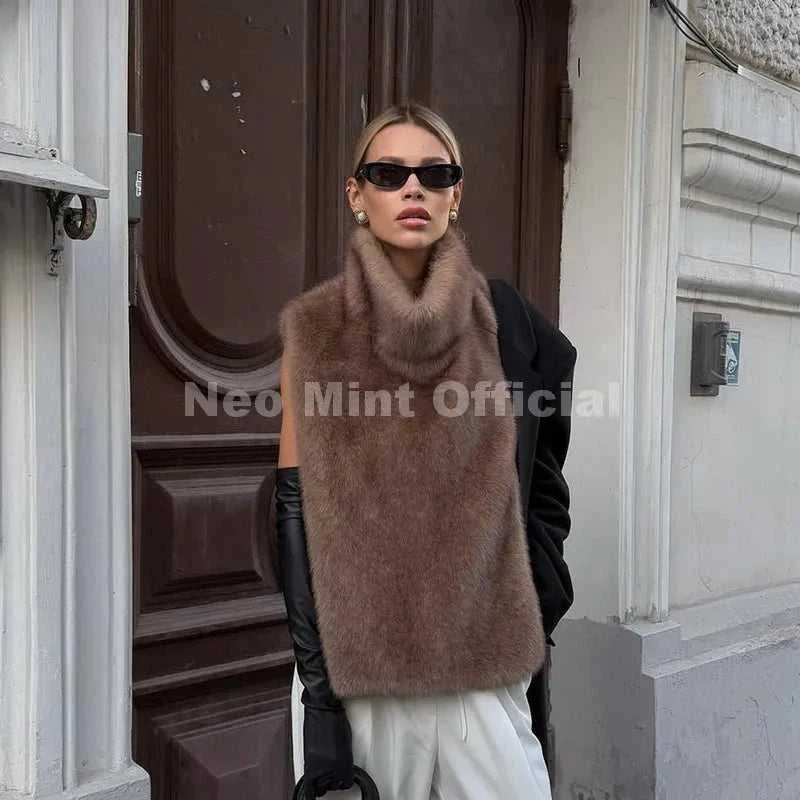 Neo Mint 2025 Brand Fashion Faux Fur Sable Vest Crop Top Autumn Winter Turtleneck Eco Mink Fur Tank Tops Sleeveless Jacket Coat Éditions Traditions & Modernité Inc. 186642768;20260626;17825177552xNuE