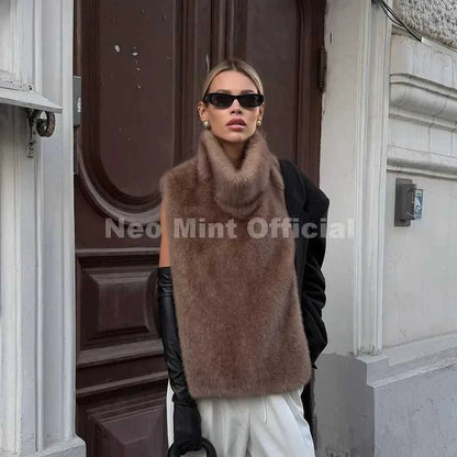 Neo Mint 2025 Brand Fashion Faux Fur Sable Vest Crop Top Autumn Winter Turtleneck Eco Mink Fur Tank Tops Sleeveless Jacket Coat Éditions Traditions & Modernité Inc. 186642768;20260626;17825177552xNuE