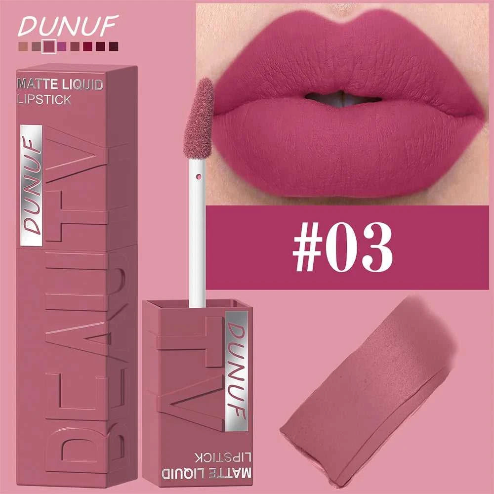 DUNUF 8-color matte velvet smooth easy-to-apply square tube lip gloss waterproof three-dimensional plumping lipstick