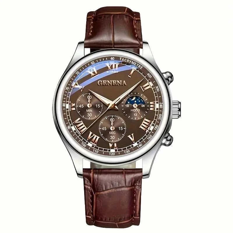 GENEVA High Quality Men's Luxury Belt Fashion Quartz Watch Men Round Business Student Sport Waterproof Glow Clock Éditions Traditions & Modernité Inc. 14:201447598#Brown Without Box