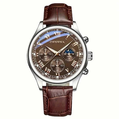 GENEVA High Quality Men's Luxury Belt Fashion Quartz Watch Men Round Business Student Sport Waterproof Glow Clock Éditions Traditions & Modernité Inc. 14:201447598#Brown Without Box