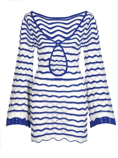 Sexy Boho Striped Chic V-neck Cut Out Bell Sleeve Knit Beach Mini Dress 2026 Summer Women Seaside Holiday Swimsuit Cover Up K123 Éditions Traditions & Modernité Inc. 186642969;20260626;1782518151P2VPs