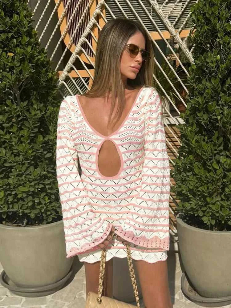 Sexy Boho Striped Chic V-neck Cut Out Bell Sleeve Knit Beach Mini Dress 2026 Summer Women Seaside Holiday Swimsuit Cover Up K123 Éditions Traditions & Modernité Inc. 186642969;20260626;1782518151P2VPs