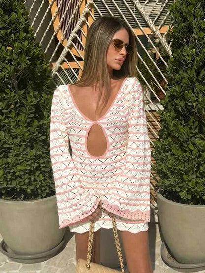 Sexy Boho Striped Chic V-neck Cut Out Bell Sleeve Knit Beach Mini Dress 2026 Summer Women Seaside Holiday Swimsuit Cover Up K123 Éditions Traditions & Modernité Inc. 186642969;20260626;1782518151P2VPs