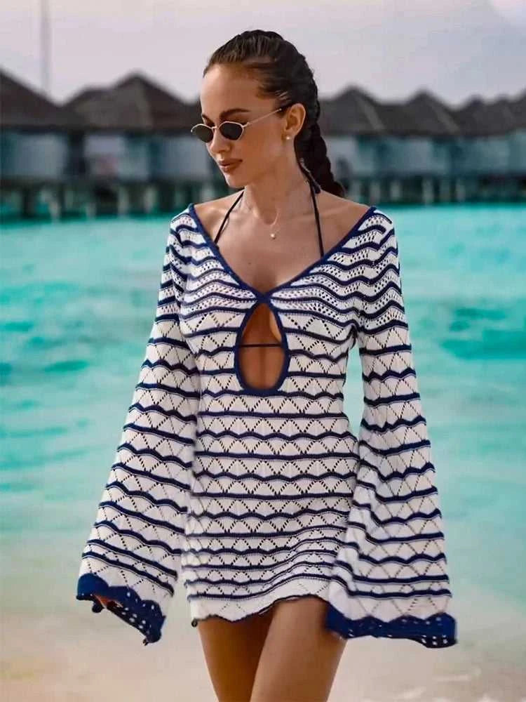 Sexy Boho Striped Chic V-neck Cut Out Bell Sleeve Knit Beach Mini Dress 2026 Summer Women Seaside Holiday Swimsuit Cover Up K123 Éditions Traditions & Modernité Inc. 186642969;20260626;1782518151P2VPs
