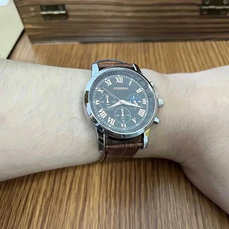 GENEVA High Quality Men's Luxury Belt Fashion Quartz Watch Men Round Business Student Sport Waterproof Glow Clock Éditions Traditions & Modernité Inc. 14:201447598#Brown Without Box
