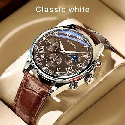 GENEVA High Quality Men's Luxury Belt Fashion Quartz Watch Men Round Business Student Sport Waterproof Glow Clock Éditions Traditions & Modernité Inc. 14:201447598#Brown Without Box