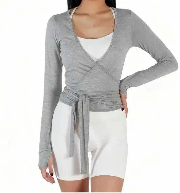 Women Sexy Wrap Crop Tops Tees Long Sleeve Deep V Neck Tie Workout Ballet Pilates Yoga T-Shirts with Thumb Holes Cropped Tops Éditions Traditions & Modernité Inc. 186642954;20260626;1782518136y6cxN