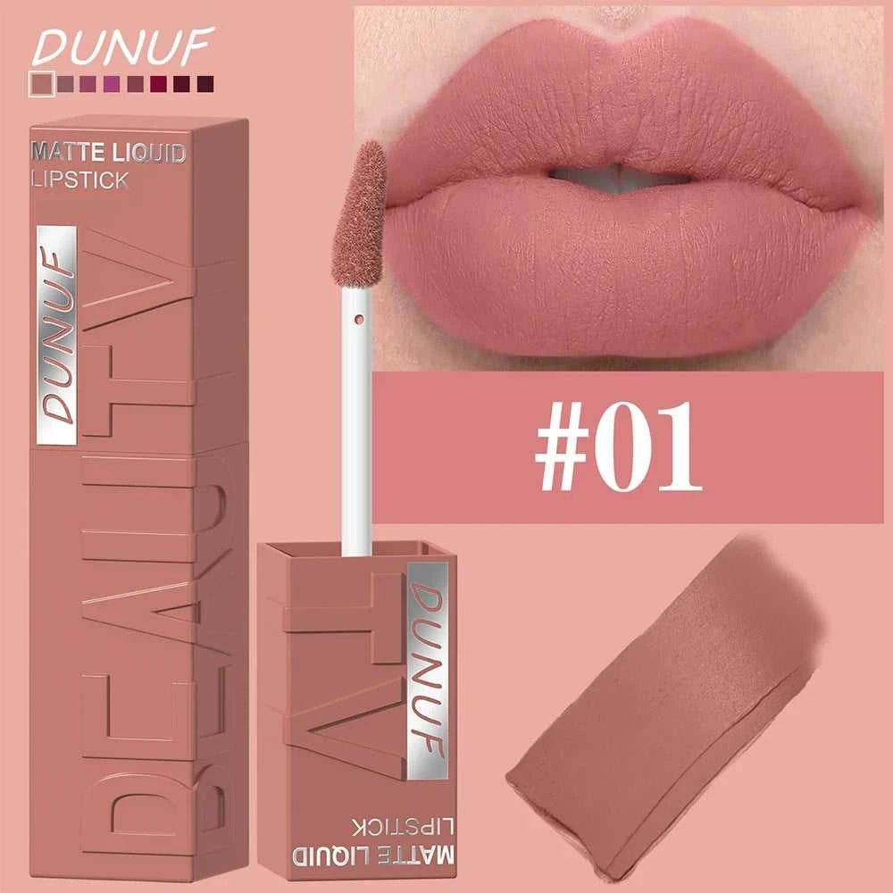 DUNUF 8-color matte velvet smooth easy-to-apply square tube lip gloss waterproof three-dimensional plumping lipstick
