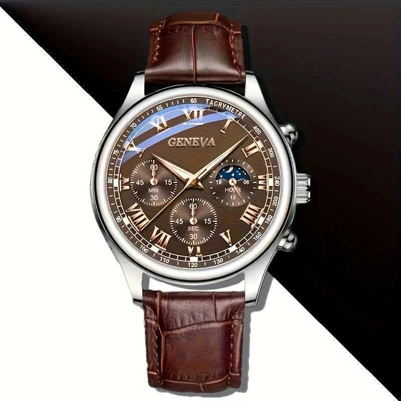 GENEVA High Quality Men's Luxury Belt Fashion Quartz Watch Men Round Business Student Sport Waterproof Glow Clock Éditions Traditions & Modernité Inc. 14:201447598#Brown Without Box