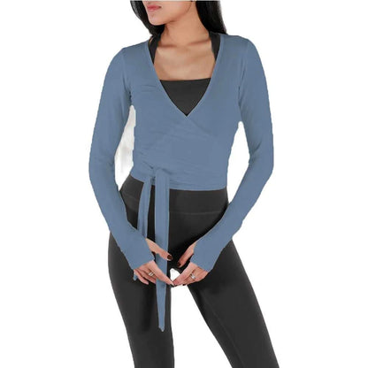 Women Sexy Wrap Crop Tops Tees Long Sleeve Deep V Neck Tie Workout Ballet Pilates Yoga T-Shirts with Thumb Holes Cropped Tops Éditions Traditions & Modernité Inc. 186642954;20260626;1782518136y6cxN