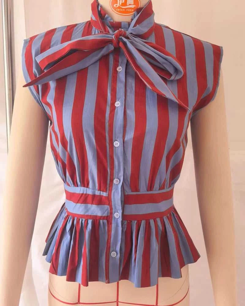 Women's Shirt 2026 New Spring Summer Bowknot Sleeveless Striped Shirt for Women Casual Chic Personality Female Shirt Éditions Traditions & Modernité Inc. 186642570;20260626;1782517492pcb8r
