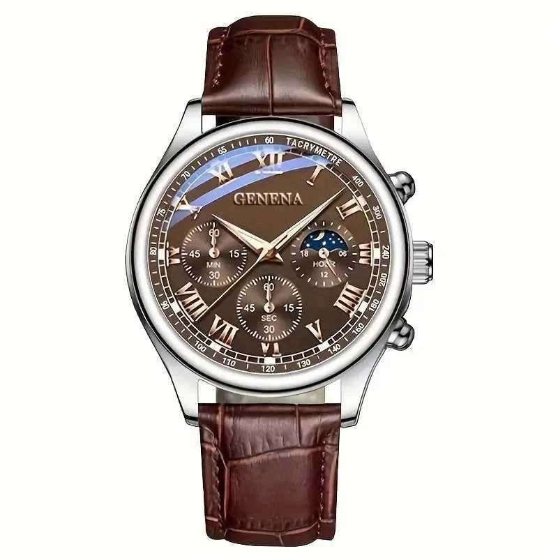 GENEVA High Quality Men's Luxury Belt Fashion Quartz Watch Men Round Business Student Sport Waterproof Glow Clock Éditions Traditions & Modernité Inc. 14:201447598#Brown Without Box