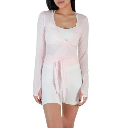 Women Sexy Wrap Crop Tops Tees Long Sleeve Deep V Neck Tie Workout Ballet Pilates Yoga T-Shirts with Thumb Holes Cropped Tops Éditions Traditions & Modernité Inc. 186642954;20260626;1782518136y6cxN