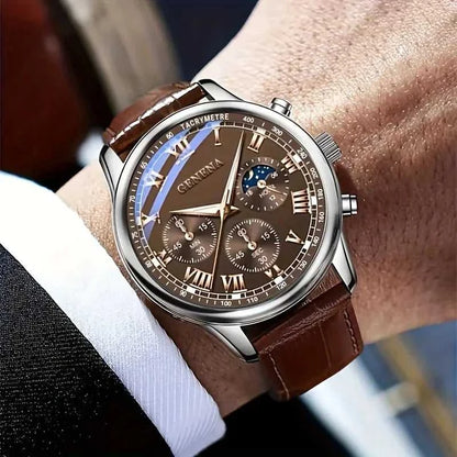 GENEVA High Quality Men's Luxury Belt Fashion Quartz Watch Men Round Business Student Sport Waterproof Glow Clock Éditions Traditions & Modernité Inc. 14:201447598#Brown Without Box